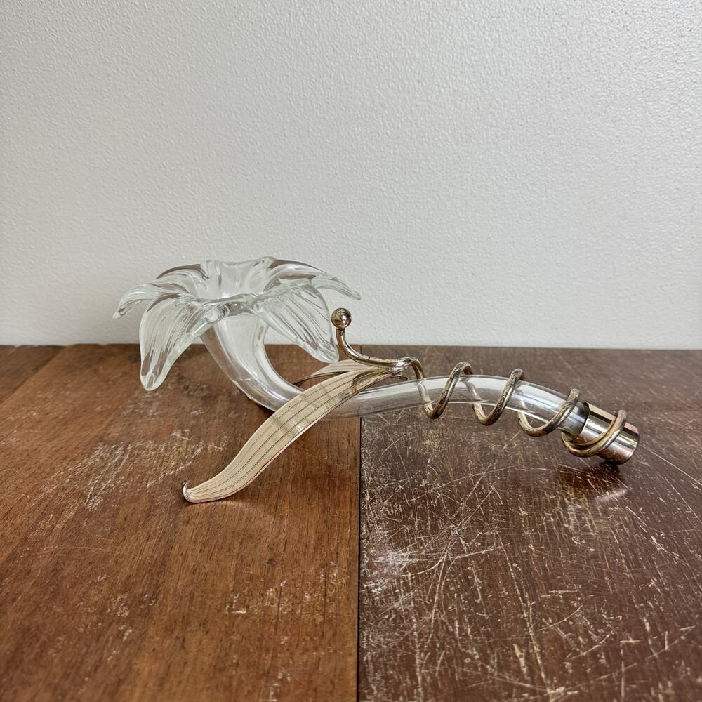 Vintage Silver Tone‎ Metal Wrapped Clear Blown Glass Lilly Flower Art Decor